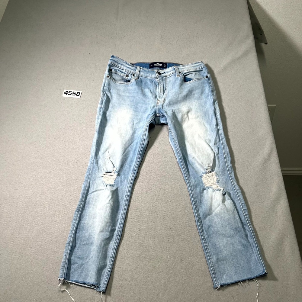 Hollister Jeans Mens 34x32 Blue Denim Distressed Frayed Hem Straight Leg Outdoor